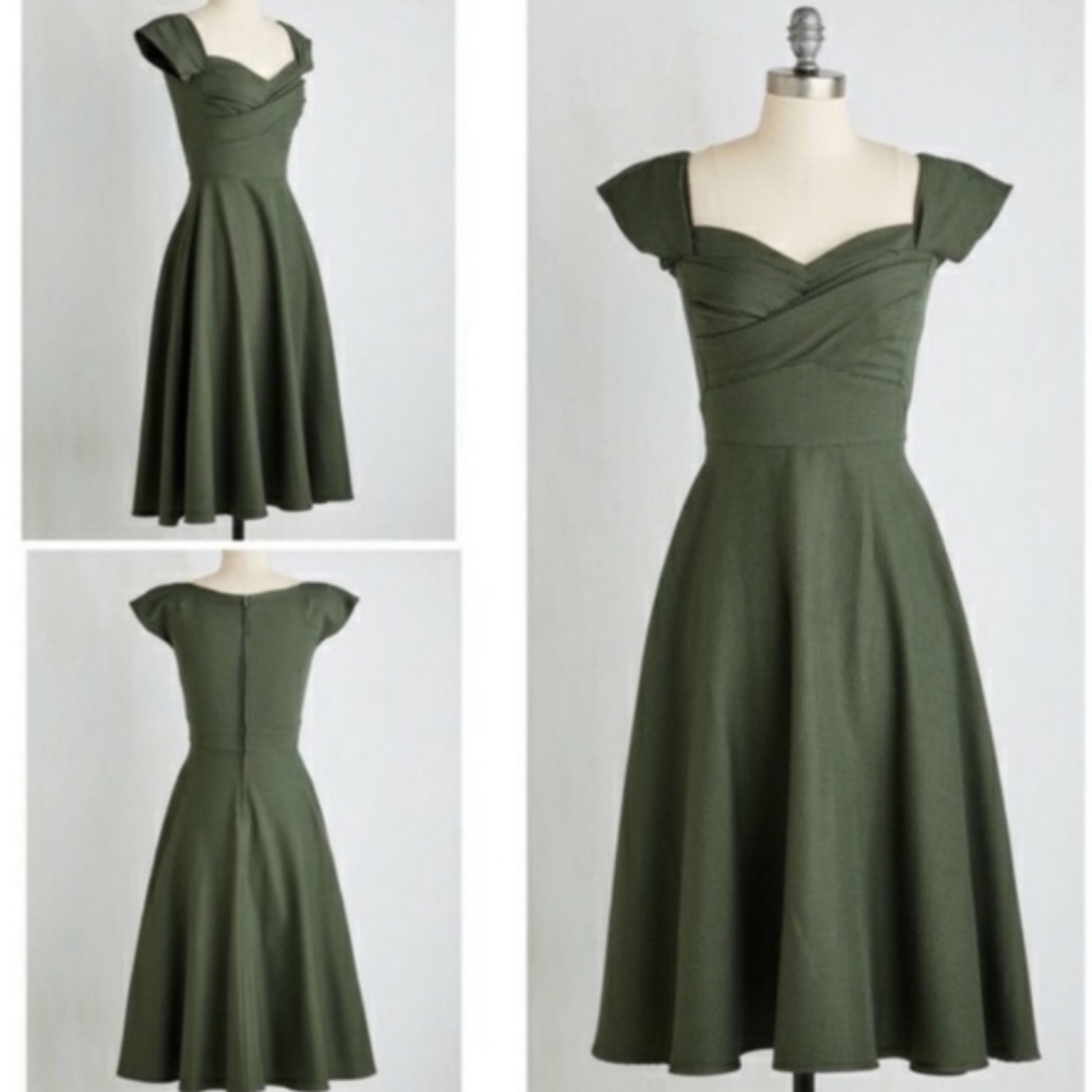 ModCloth Pine All Mine Olive Houndstooth Retro Dress, Size Small